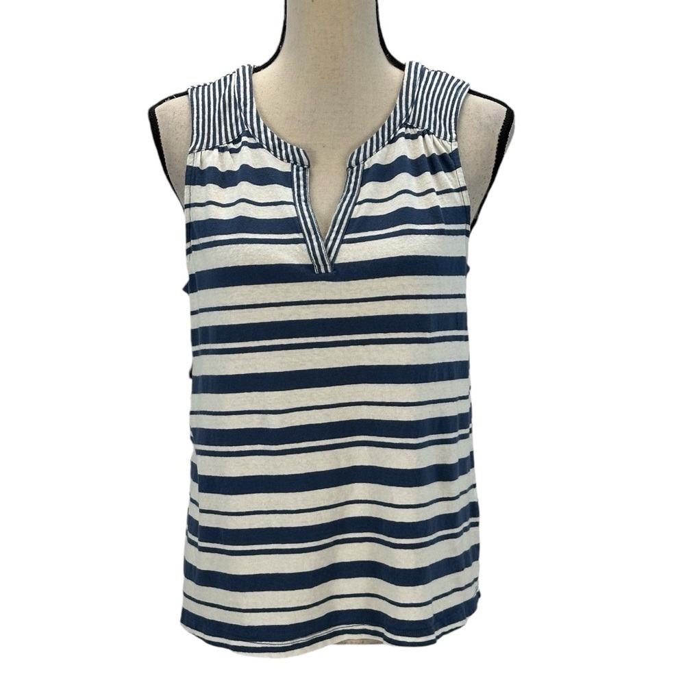 Style & Co V-Neck Linen Cotton Blend Striped Tank Top - Blue White - size Medium